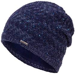 Faera Wintermütze Mütze Damen Pailletten warm gefüttert Wintermütze Mädchen Frauen Fleecefutter Winter Strickmütze Beanie, Farbe:Marineblau von Faera