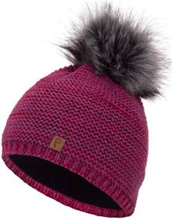 Faera Wintermütze Mütze Damen warm gefüttert Kunstfell Bommel Bommelmütze Fleecefutter Winter Strickmütze Beanie Mütze 31, Farbe:Lila von Faera