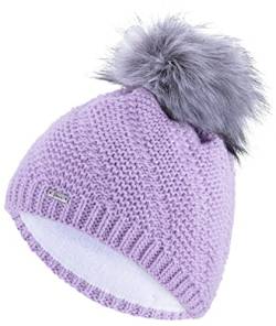 Faera Wintermütze Mütze Damen warm gefüttert Kunstfell Bommelmütze Fleecefutter Winter Herbst Strickmütze Beanie Mädchen 64, Farbe:Flieder von Faera