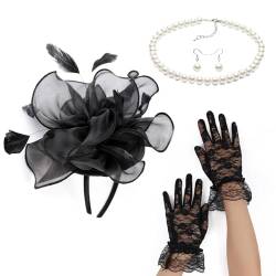 Fascinator-Stirnband + Spitzenhandschuhe + Perlenkette + Ohrringe für Cocktail-Teeparty, 1920er-Jahre-Kostüm, für Dame, Party-Stirnband von Fahoujs