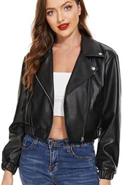 Fahsyee Damen Kunstlederjacke, Motorrad Übergröße Moto Biker Lederjacke Reißverschluss Mantel Kurz Leicht Vegan Beschnitten, Schwarz L von Fahsyee