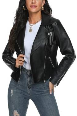 Fahsyee Damen Kunstlederjacke, Motorrad Übergröße Moto Biker Lederjacke Reißverschluss Mantel Kurz Leicht Vegan Mode, Schwarz M von Fahsyee