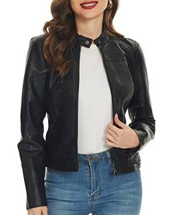 Fahsyee Damen Kunstlederjacke, Reißverschluss Motorrad Kurz PU Lederjacke Moto Biker Oberbekleidung Taillierter Schmaler Mantel Schwarz Größe L von Fahsyee