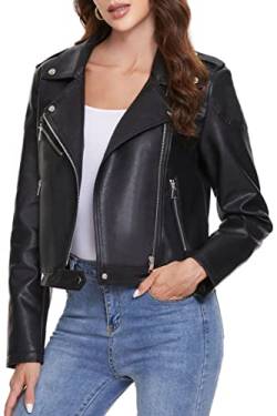 Fahsyee Damen Lederjacke, Kunstlederjacken mit Reißverschluss, kurze PU-Motorradjacke, schmale Bikerjacke, enganliegende Slim-Fit, Schwarz, Größe L von Fahsyee