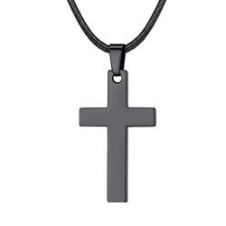 Edelstahl Kreuz Kette Herren Schwarz mit Leder Kette Länge von 55 bis 66cm von FaithHeart