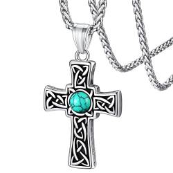 FaithHeart Edelstahl Herren Jungen Anhänger Silber Irischer Keltischer Knot Kreuz mit künstliches Türkis Punk Vintage Celtic Knot Kruzifix Halskette für Weihnachten Geburtstag Vatertag von FaithHeart