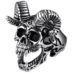 FaithHeart Edelstahlring für Herren Männer Goat Skull Ring Satanischer Schaf Schädel Fingerring in Größe 57 Punk Biker Ring mit Geschenkebox für Paar Pärchen von FaithHeart