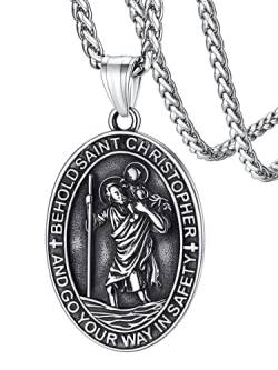 FaithHeart Heiliger Christohporus Halskette für Herren Mann, Edelstahl Auto Glücksbringer Amulett, Schutzpatron Oval Anhänger mit Geschenkbox für Auto Fahrer von FaithHeart