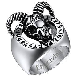 FaithHeart Herren Damen Siegelring in Ringgröße 59 Ziege Kopf Ring Personalisierter Fingerring Punk Gotischer Ziegenkopf Ring mit Rune für Valentinstag Geburtstag von FaithHeart