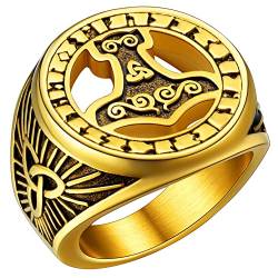 FaithHeart Herren Damen Siegelring mit Rune Retro Viking Statement Ring Thors Hammer Fingerring Mjölnir Fingerring mit Geschenkebox für Männer Frauen von FaithHeart