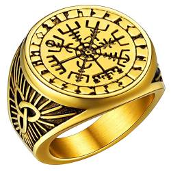 FaithHeart Herren Jungen Viking Kompass Fingerring mit Rune goldener Wikinger Siegelring mit Vegvisir Nordischer Style Fingerring für Freunden Ehemann von FaithHeart