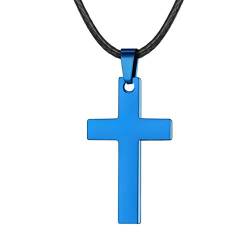 FaithHeart Leder Halskette mit KreuzAnhänger, Edelstahl Christlich Kreuz (Blau) Minimalist Unisex Collier für Männer Frauen Jungen Mädchen von FaithHeart