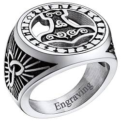 FaithHeart Punk Herren Siegelring Retro Viking Thors Hammer Fingerring Personalisierter Mjölnir Ring mit Runen Jungen Partnerring Freundschaftsring mit Gravur für Valentinstag Weihnachten von FaithHeart