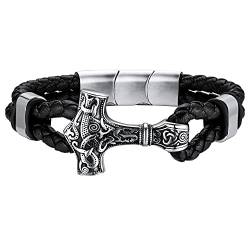 FaithHeart Wikinger Armreif Herren männer Mjölnir Lederarmband Punk Armband Retro Thors Hammer 21cm lang Viking Schmuck mit Geschenkebox für Vatertag Geburtstag von FaithHeart