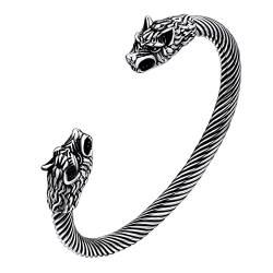 FaithHeart Wikinger Fenrir Wolfkopf Armreiff Edelstahl Kettenarmband Punk Wolfkopf Armbänder Verdrehtes Armband für Freunden Ehemann Vater von FaithHeart