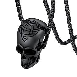 FaithHeart schwarz Totenkopf Anhänger Kette für Herren Jungen Punk Gotik Skull Schädel Halskette mit Valknu Symbol für Valentinstag Weihnachten von FaithHeart