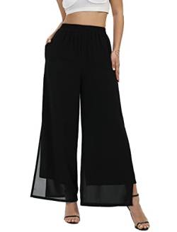 Fakanhui Damen Chiffon Weite Bein Palazzo Hose Hohe Elastische Taille Casual Flowy Business Hose, Split Black Long, XX-Large von Fakanhui