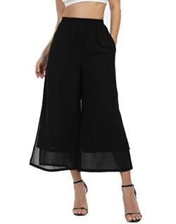 Fakanhui Damen Chiffon Weite Bein Palazzo Hose Hohe Elastische Taille Casual Flowy Business Hose, Split Schwarz Short, X-Groß von Fakanhui