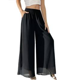 Fakanhui Damen Chiffon Wide Leg Palazzo Pants Hohe Elastische Taille Casual Flowy Business Hosen, Schwarzer Chiffon01, Groß von Fakanhui