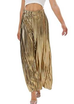 Fakanhui Palazzohose Damen Metallic Weites Bein Gold Silber Casual Kleid Abendparty Clubwear Hose, golden, L von Fakanhui