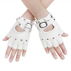 Damen Herren Fingerlos Handschuhe mit Schleife Punk Hip Hop Half-Fingerhandschuhe Fäustlinge aus PU Leder für Bühnenauftritte, Party, Club, Festivals, Halloween (B-Weiß) von FakeFace