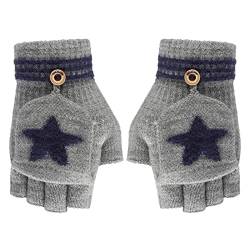 Fäustlinge mit Knopf Klappe Fingerlose Halb Handschuhe für Kinder Winter Warm Strickhandschuhe Fingerhandschuh Winterhandschuhe 4-10 Jahre alt Jungen Mädchen (Grau-Star) von FakeFace