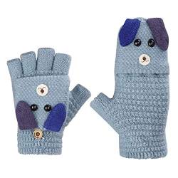 Fäustlinge mit Knopf Klappe Fingerlose Handschuhe für Kinder Winter Warm Strickhandschuhe Plüschfutter Winterhandschuhe in Kaninchen Optik, Blau, Einheitsgröße von FakeFace