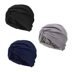 FakeFace 3 Stück Turban Kappen Damen Weiche Turban-Hut Kopftücher Kopfbedeckung Elastische Verknotete Beanie Cap Knot Mode Plissee Boho Turban Hut Mütze Kopfwickel Schlafmütze für Frauen von FakeFace