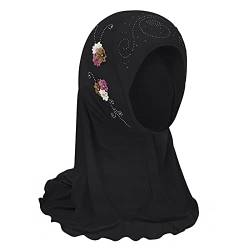 FakeFace Mädchen Kopftuch Kinder Muslimischer Hijab Kleines Mädchen Moslem Schal mit Blumen Arabien Islamische Kopfkappe Kleidung Schal Sommer Stretch Turban Gesichtsschleier Kopfbedeckung (Schwarz) von FakeFace