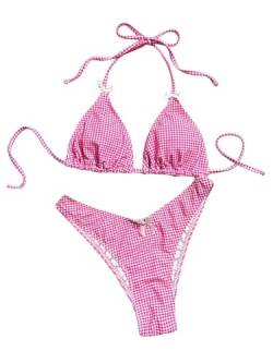 Falainetee Damen-Badeanzug, kariert, kariert, hohe Taille, Neckholder, Triangel-Badeanzug, Bikini-Set, Pink, XS von Falainetee