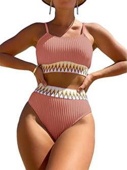 Falainetee Damen Hohe Taille Badeanzug Chevron Tape Spaghettiträger Badeanzug Bikini Set 2 Stück, rosa - dusty pink, Medium von Falainetee
