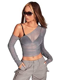 Falainetee Damen Sexy Langarm Asymmetrischer Hals Durchscheinender Netzausschnitt Y2K Crop Bluse Tops, GRAU, S von Falainetee