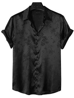 Falainetee Herren Satin Kurzarm Button Down Blumendruck Hemden Top, schwarz, Groß von Falainetee