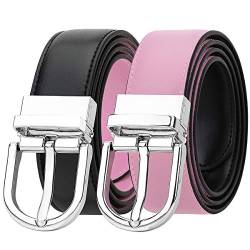 Falari Women Reversible Belt Genuine Leather Fashion Dress Belt With Single Prong Buckle 6027 (Black/Pink, L (fit waist 26-38)) von Falari