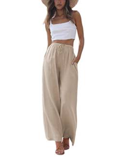 Faleave Damen Baumwolle Leinen Sommer Palazzo Pants Flowy Wide Leg Strandhose mit Taschen, Khaki, M von Faleave