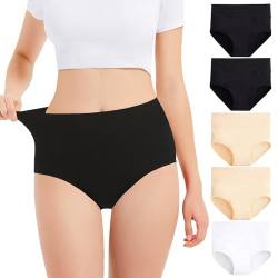 Falechay Unterhosen Damen Bauch Weg Unterwäsche Frauen Baumwolle Pantys 5er Pack,Schwarz-Hautfarbe-Weiß,2XL von Falechay