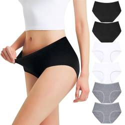 Falechay Unterwäsche Damen Unterhosen Slips Baumwolle Atmungsaktiv Panties Hipster Mittel Taille Höschen Frauen 6er Pack Schwarz Weiß Grau XL von Falechay