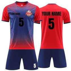 Faletony Personalisiertes Fussball Trikot Kinders Erwachsene Fusstball Shirt & Shorts Set mit Name Nummer Team Logo Fußballtrikot Benutzerdefiniert Trikot (Polyester, Rot) von Faletony