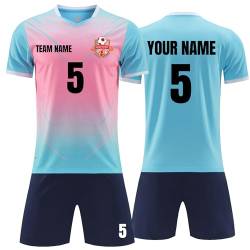 Faletony Personalisiertes Fussball Trikot Kinders Erwachsene Fusstball Shirt & Shorts Set mit Name Nummer Team Logo Fußballtrikot Benutzerdefiniert Trikot (Polyester, See Blau) von Faletony