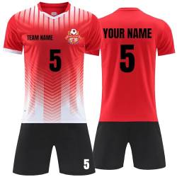 Faletony Personalisiertes Fussball Trikot Kinders Erwachsene Fusstball Shirt & Shorts Set mit Name Nummer Team Logo Personalisierte Fußballtrikot Jungs Mädchen (Polyester, Rot) von Faletony