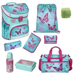 Familando Mädchen Schulranzen 1. Klasse · Scooli Campus Fit Schultasche · ergonomisch & leicht · Kinder Schulranzen Set für Mädchen (9-teilig mit Sporttasche, Butterfly Türkis) von Familando