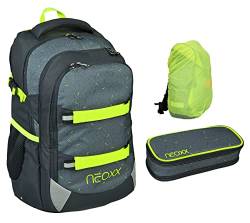 Familando Neoxx Active Schulrucksack 3tlg. Set · Rucksack für die Schule 5. bis 12. Klasse · ergonomischer Schulranzen für Jungen und Mädchen (Boom/Dunkelgrau) von Familando