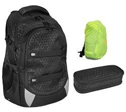 Familando Neoxx Active Schulrucksack 3tlg. Set · Rucksack für die Schule 5. bis 12. Klasse · ergonomischer Schulranzen für Jungen und Mädchen (Lost in Black/Schwarz) von Familando