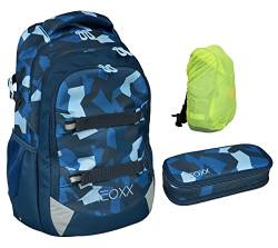Neoxx Active Schulrucksack 3tlg. Set · Rucksack für die Schule 5. bis 12. Klasse · ergonomischer Schulranzen für Jungen und Mädchen (Camo nation/Blau) von Familando