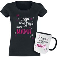 Familie & Freunde T-Shirt - Geschenkbox - Geschenkset  - T-shirt + Tasse Engel ohne Flügel nennt man Mama - S bis XXL - für Damen - Größe XL - schwarz von Familie & Freunde