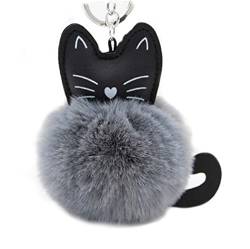 Katze Kitten Pompom Pom Pon Schlüsselanhänger | Geschenk | Frauen | Damen | Kinder | Mädchen | Buschel | Glücksbringer | Talisman | Scherzartikel | Cat | grau von Familienkalender