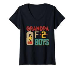 Damen Grandpa Of 2 Funny Boys Costume Battery Father's Day Family T-Shirt mit V-Ausschnitt von Family Father's Day Costume