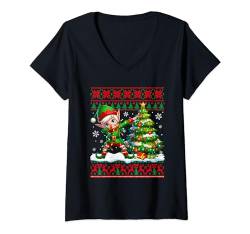 Damen Dabbing Elf Christmas Tree Colorful Lights Sweater T-Shirt mit V-Ausschnitt von Family Lover Christmas Costume