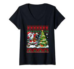 Damen Santa Dabbing Christmas Tree Colorful Lights Sweater T-Shirt mit V-Ausschnitt von Family Lover Christmas Costume