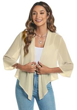 Famrrifuu Bolero Damen Chiffon Festlich Schulterjacke 3/4 Ärmel Elegant Kurze Cardigan Leichte Bolerojacke,Aprikose,L von Famrrifuu